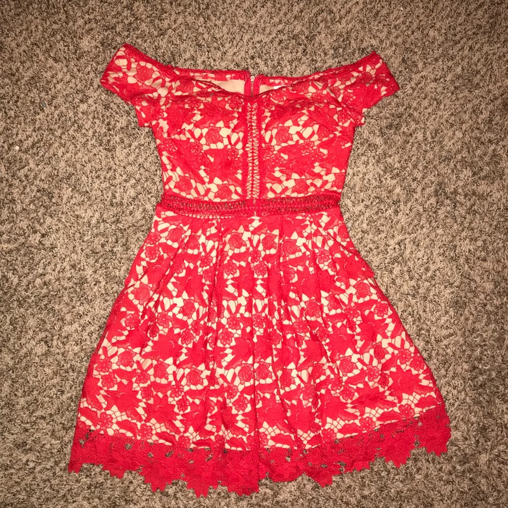 Red lace off the shoulder dress!